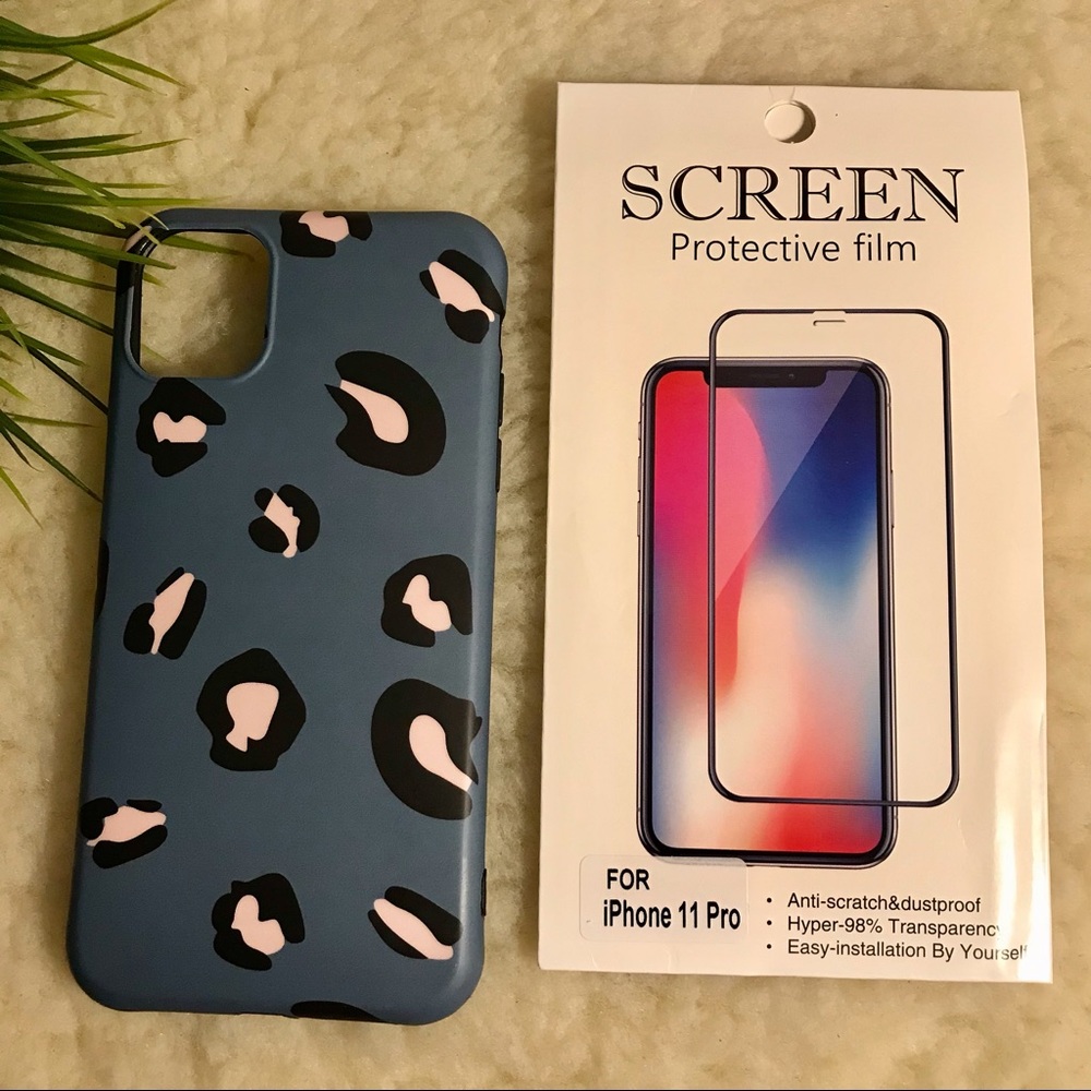 New iPhone11 Pro Case Blue Leopard Pattern with Screen Protective Film